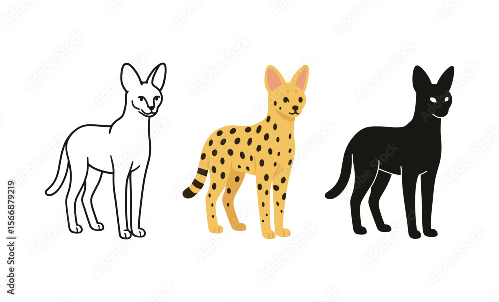 Obraz premium Colorful serval cat illustrations: outline, spotted, silhouette variations for creative design
