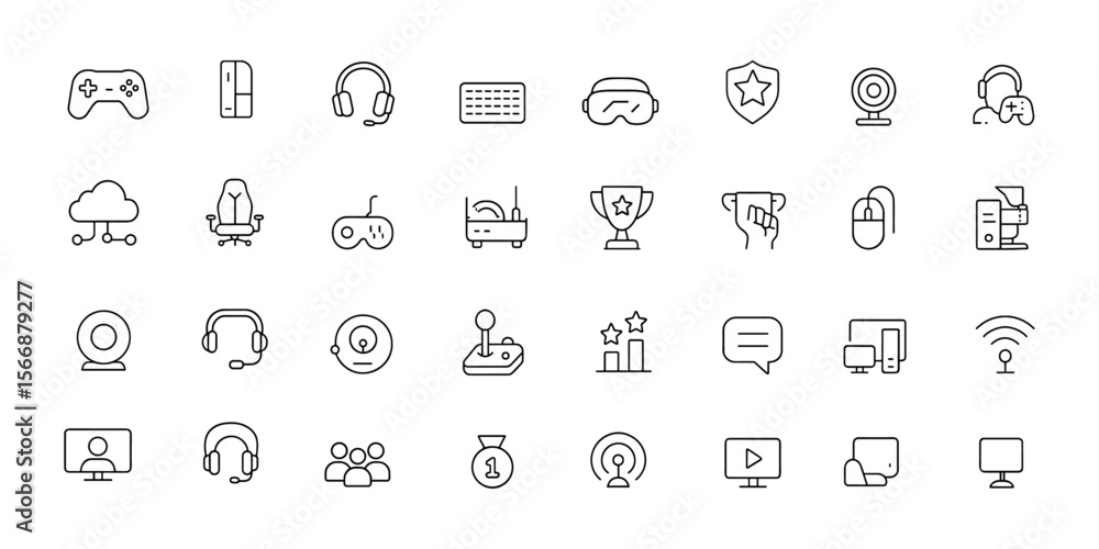 Online Gaming Icon Vector Set | Adjustable Stroke | Gamepad, headset, console, VR, esports, keyboard, player, webcam, controller, router, server, trophy, speaker, joystick, gamer Online Gaming Icon Vector Set | Adjustable Stroke | Gamepad, headset, console, VR, esports, keyboard, player, webcam, controller, router, server, trophy, speaker, joystick, gamer