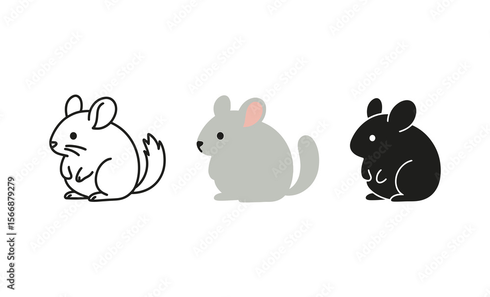 Naklejka premium Minimalistic cartoon chinchilla trio in black, white, and gray
