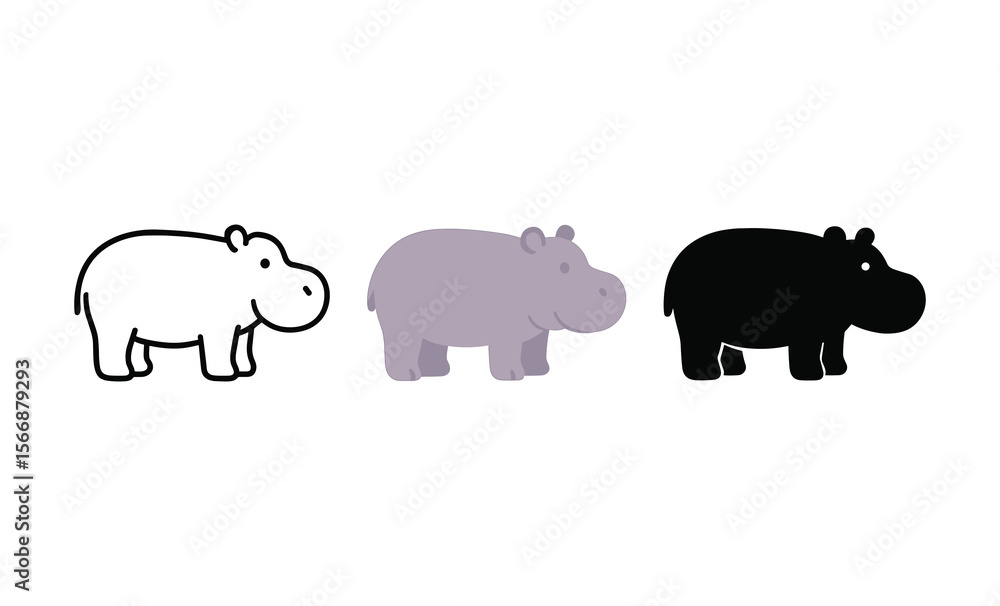 Fototapeta premium Hippo trio: cute cartoon hippopotamus variations in black, white, and purple