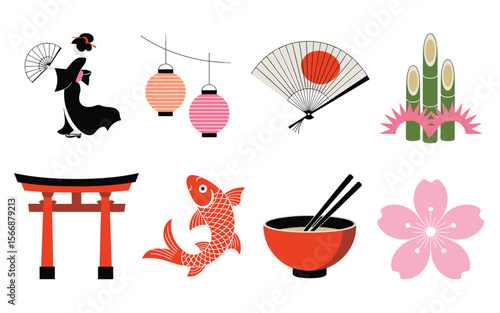 Japanese Cultural Icon Set – Geisha, Torii Gate, Lantern, and Traditional Elements in Silhouette Style