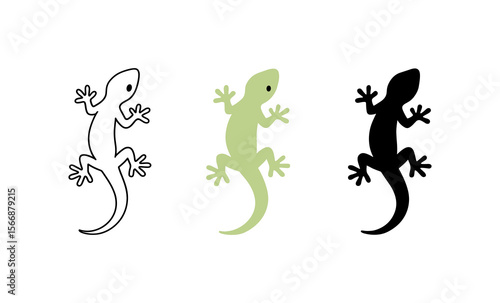 Minimalist gecko silhouettes - green, black, and outline designs on white background