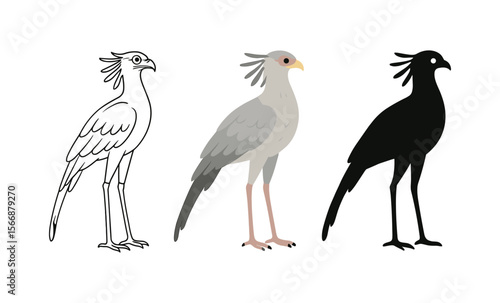 Stylized secretary bird design triptych: outline, colored, silhouette variations