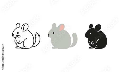 Minimalistic cartoon chinchilla trio in black, white, and gray
