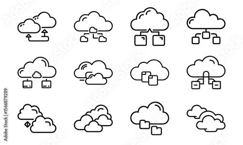 Collection of cloud computing icon illustrations depicting data storage and transfer concepts in modern technology