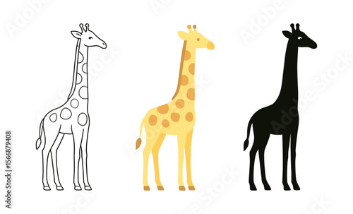 Minimalist giraffe illustrations: outline, colorful, and silhouette variations