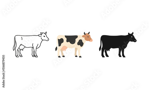 Minimalist cow illustrations: outline, colorful, silhouette variations