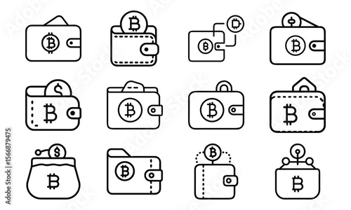 Set of cryptocurrency wallets icon with bitcoin symbols and modern outline style
