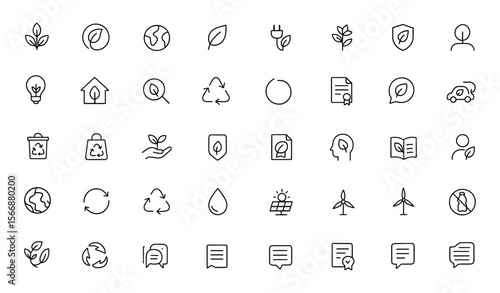 Eco icon set with adjustable line weight. Vector illustration of green energy, recycling, organic, bio, nature, environment, safe house, plant, leaf, ecology, symbol, graphic, design, concept