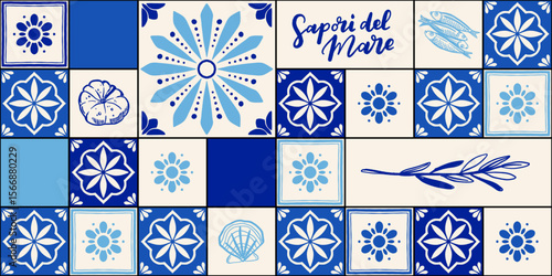 Mediterranean Italian tile pattern with blue decorative majolica, seafood elements, lemon, olive branch, fish, and handwritten text Sapori del Mare, flat cartoon vector for kitchen or packaging