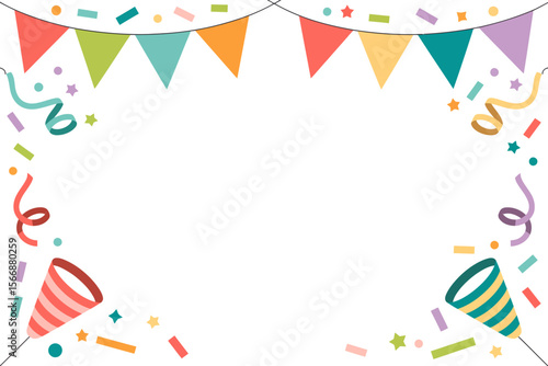 Bunting and confetti party border, festive frame with colorful flags, celebration invitation, cheerful event design, modern style