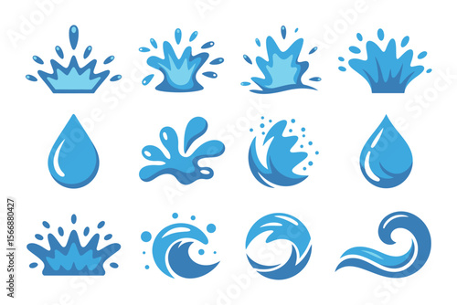 Blue water splash and wave icon set, aquatic drop elements, ocean theme vector, summer design, clean and modern illustration