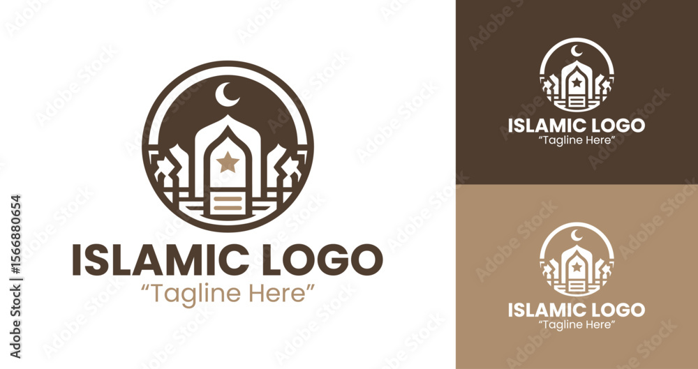 Fototapeta premium Minimalist Brown Islamic Logo with Symmetrical Mosque Line Art for Business Identity 