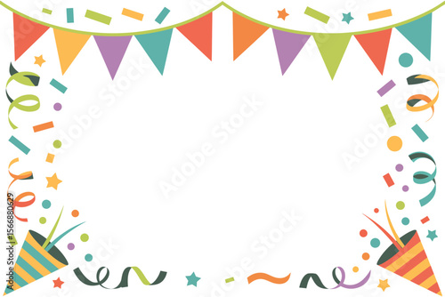 Colorful bunting and confetti frame, festive party border, celebration background, holiday event invitation, playful illustration