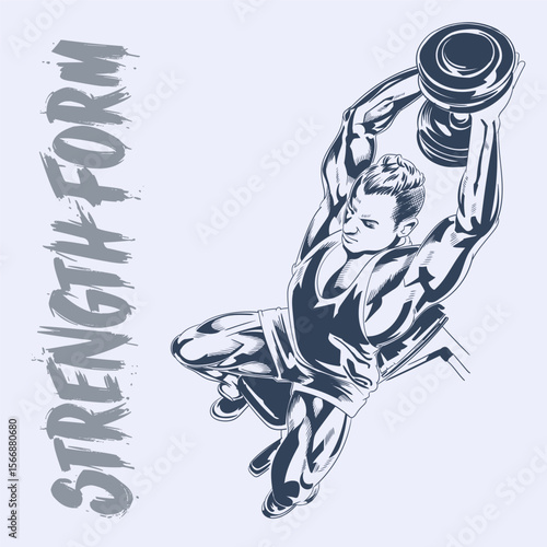 Man doing seated dumbbell triceps extension workout with detailed muscles vector drawing