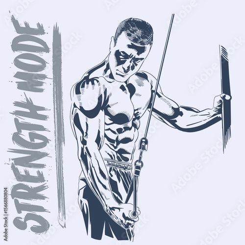 Muscular man performing triceps pushdown using cable machine in gym detailed vector drawing