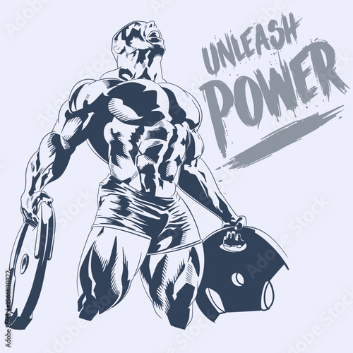 Bodybuilder holding large weight plates in powerful gym pose fitness strength vector drawing