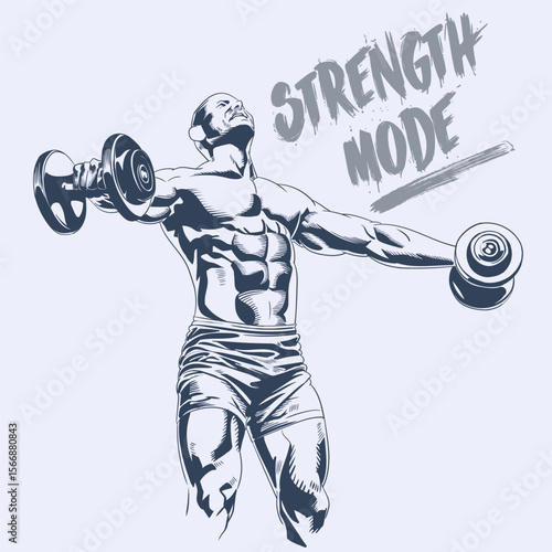 Strong man doing dumbbell lateral raise for shoulder workout detailed muscular vector illustration