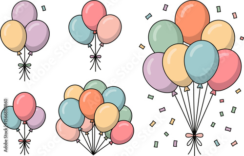 Cartoon pastel balloons illustration, festive party decoration, colorful celebration elements, birthday event design, cheerful art