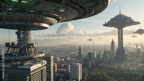 Futuristic cityscape reveals towering structures and flying saucers against a bright skyline offering a glimpse of tomorrow.