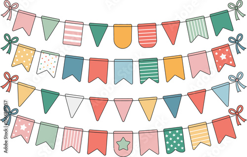 Hand drawn bunting and flag garland set, colorful party decoration, festive celebration border, cheerful event design, cute illustration