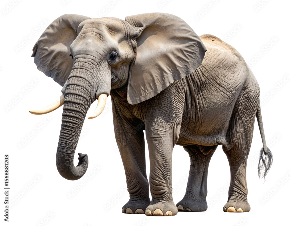 Fototapeta premium African Elephant Standing with Raised Trunk, isolated on a transparent background