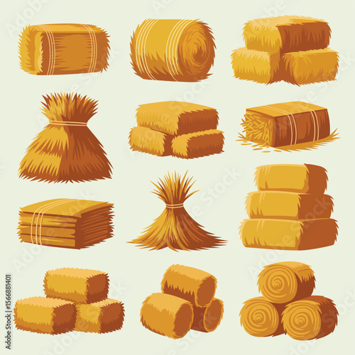 Collection of various hay bales and sheaves in different shapes and sizes