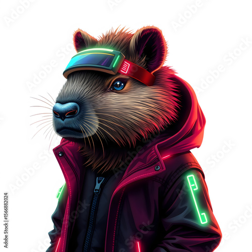 Cyberpunk capybara in streetwear jacket.