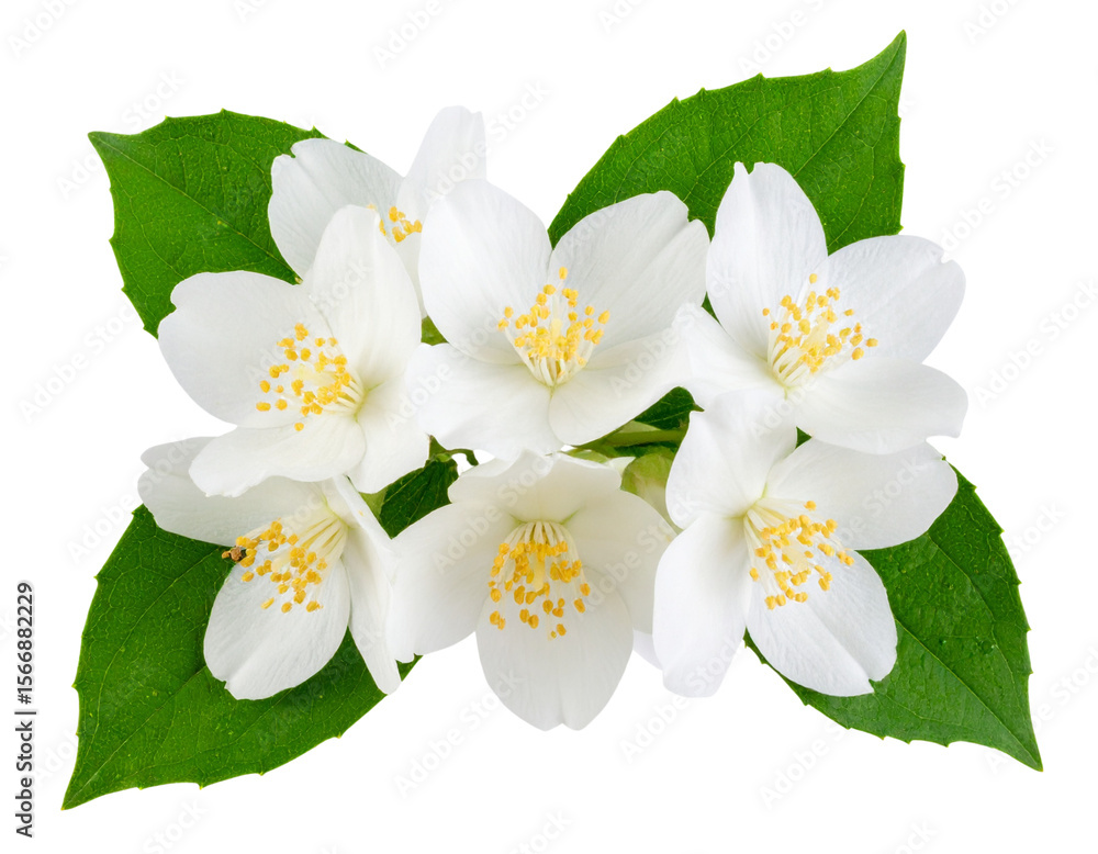 Obraz premium Cluster of Jasmine Blossoms on Green Stem with Dew – Transparent Background PNG