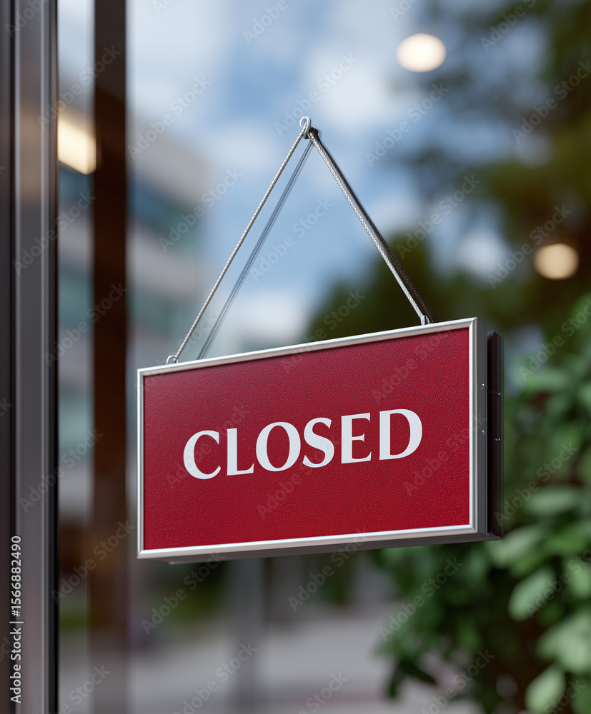 Fototapeta premium Red closed sign hanging in front of shop window, temporary business closure, store front sign, notification