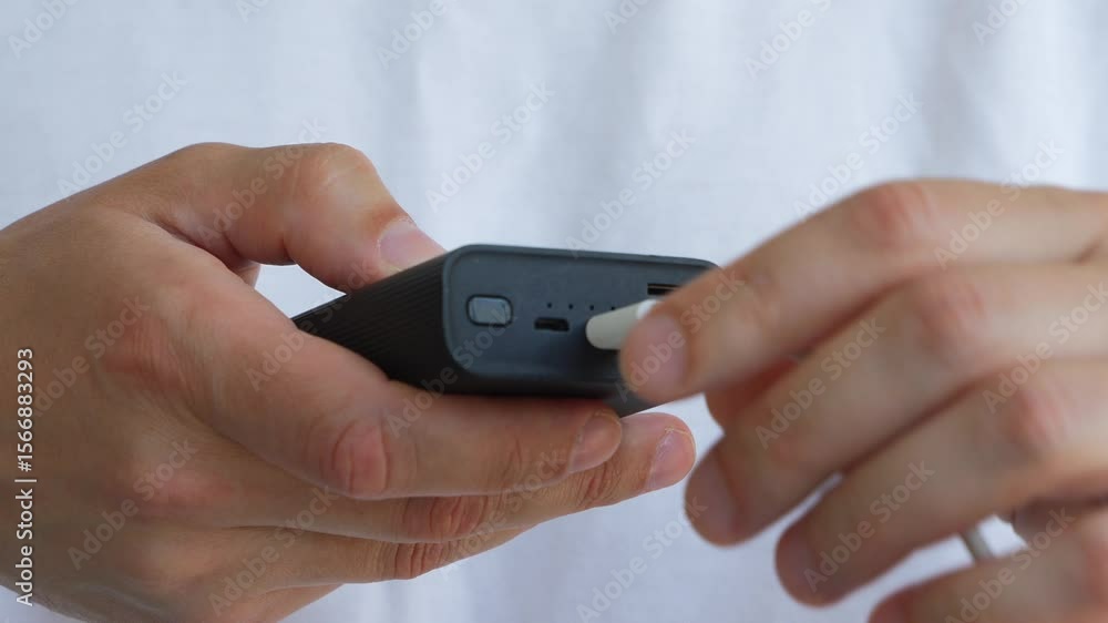 a man in a white T-shirt connects a USB cable to a power bank to charge his smartphone.
Theme of modern technology and mobile devices.
Patrative charger a man in a white T-shirt connects a USB cable to a power bank to charge his smartphone.
Theme of modern technology and mobile devices.
Patrative charger