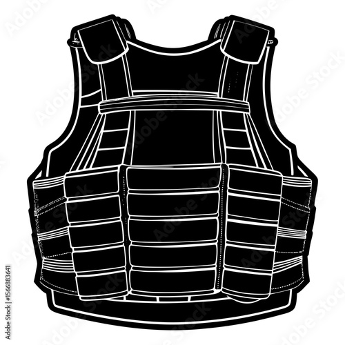 A black and white illustration of a bulletproof vest, isolated on white background