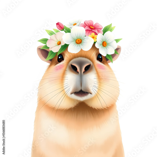 Cute capybara with spring flower crown.