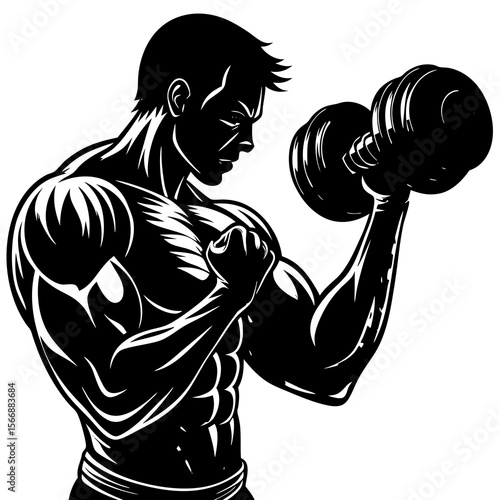 A muscular man lifting a dumbbell, isolated on white background