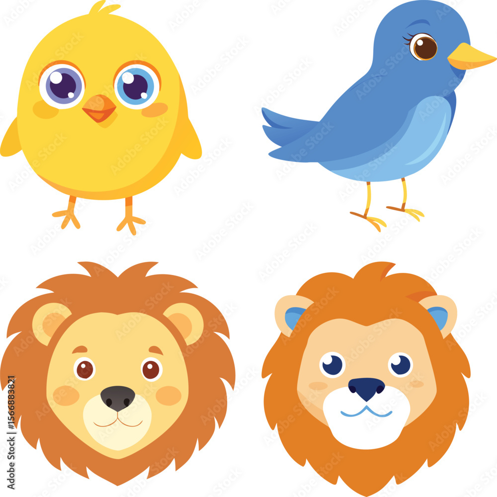 Fototapeta premium Adorable Cartoon Animals Chick, Bird, and Lion Illustrations