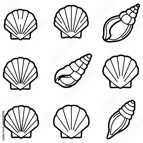 A detailed collection of gastropod and bivalve shell icons, ideal for scientific illustration and natural history exhibits