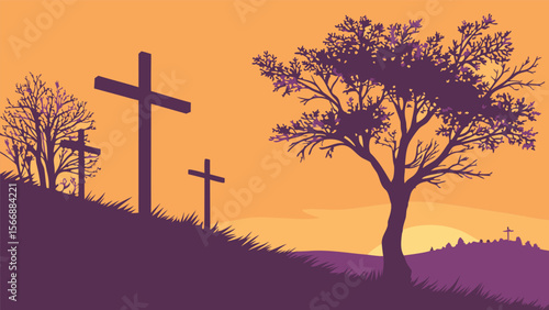 Crowning the hill, a solitary crucifix against the radiant sunset evokes faith and spiritual reverence