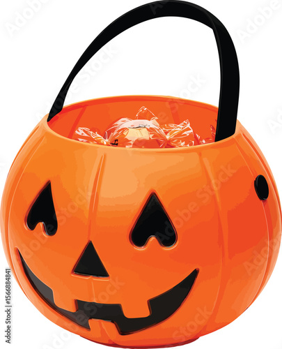 Spooky Delight: A festive Halloween jack-o'-lantern bucket overflowing with tasty treats, ready for trick-or-treating fun. 