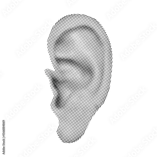 Retro halftone collage ear for mixed media design. Human ear in halftone texture, dotted pop art style. Vector illustration of vintage grunge punk crazy art templates