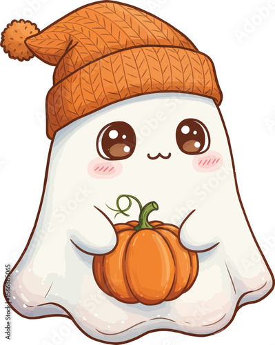 Spooky Season's Delight: A whimsical illustration of a friendly ghost wearing a knit cap, tenderly cradling a plump pumpkin, exuding warmth and the spirit of Halloween.