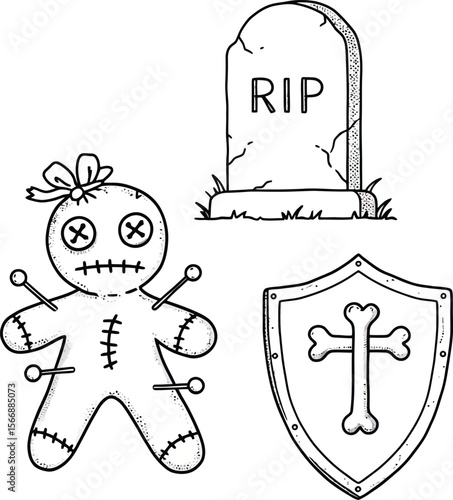 Halloween Doodle Collection: A spooky collection of handcrafted doodles, including a voodoo doll, a tombstone, and a shield, perfect for Halloween. 