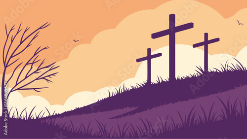 landscape, rolling hills, three crosses on a hill, silhouetted trees, orange sunset sky, minimalist, digital art
