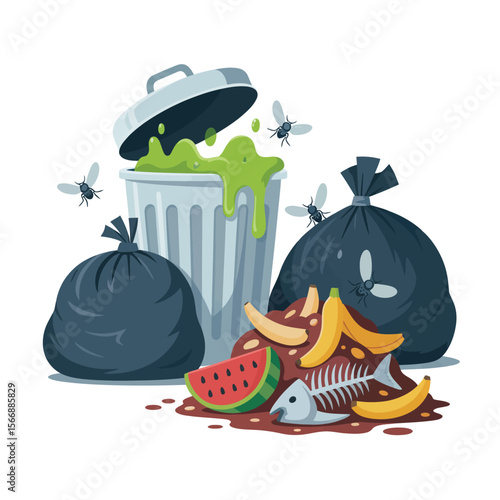 Overflowing trash can with flies and garbage bags full of rotting food