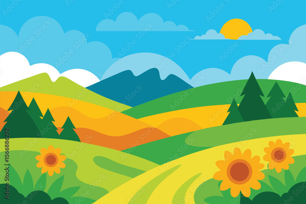 Fototapeta premium Stylized rolling hills landscape with a clear sky and subtle gradients