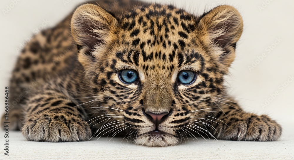 Fototapeta premium 愛らしい瞳のヒョウの子 柔らかな光に包まれて眠る. AI Generated