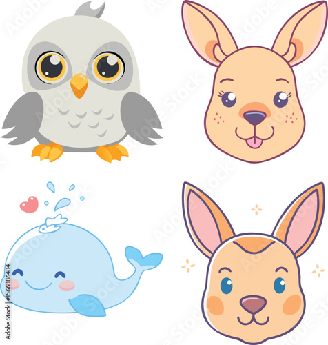 Adorable Animal Cartoon Characters Owl, Kangaroo, Whale Clipart