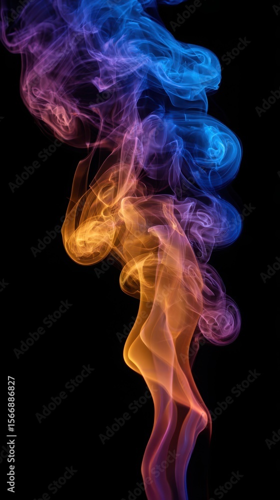 Obraz premium Colorful smoke rising against a black background with blue purple and orange hues in a vertical shot