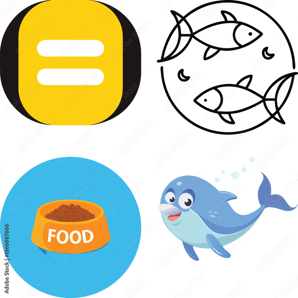 Fototapeta premium Aquatic Animal Icons Fish, Dolphin, and Pet Food Bowl Illustrations