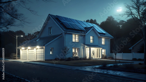 Modern house with solar panels at night for energy efficiency and sustainable living solutions design