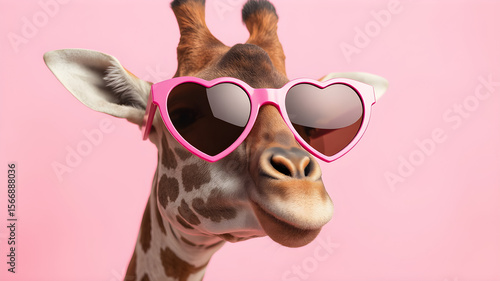 giraffe wearing heart-shaped pink sunglasses on an isolated pastel pink background, a funny animal in the concept of love for Valentine's Day celebration or a Valentine's party decoration idea 